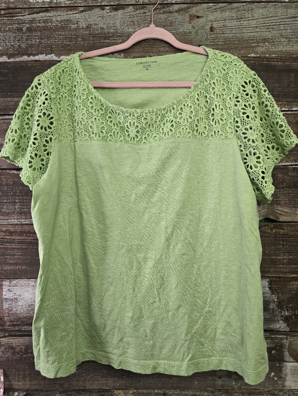Coldwater Creek Light Green Crochet Yoke Short Sleeve Tee, Size 2X